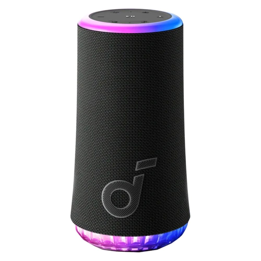 اسپیکر بلوتوثی قابل حمل انکر مدل Glow A3166011، منبع انرژی باتری لیتیوم-یونی، همراه با کابل USB-C، شیار کارت حافظه، درگاه ارتباطی شامل USB Type-C، دارای پخش صدای 360 درجه، مقاوم در برابر آب